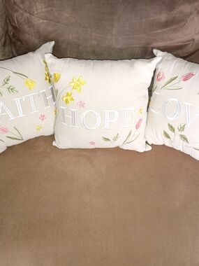 Hope Embroidered Throw Pillow - Neutral Linen with Yellow & Pink Floral